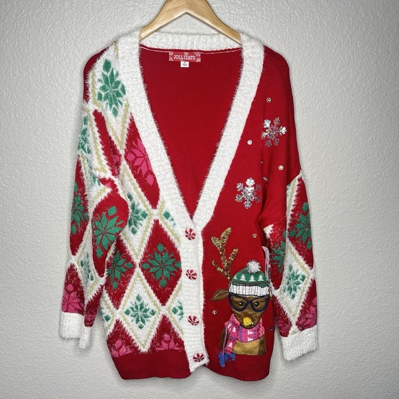 NWT NEW Womens Jollidays Reindeer Button Front Cardigan Christmas Ugly Tacky XL - Picture 2 of 13
